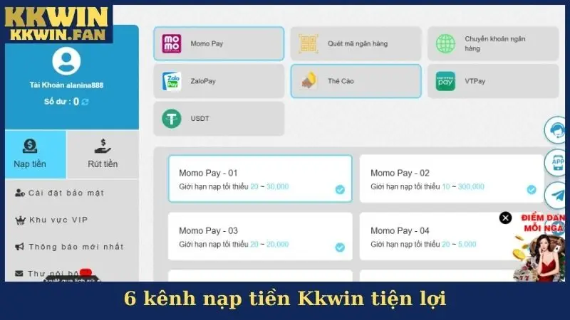 Nạp Tiền KKwin - Tổng Hợp 6 Kênh Thanh Toán Cho Dân Chơi