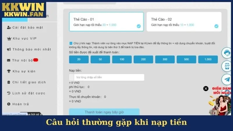 Nạp Tiền KKwin - Tổng Hợp 6 Kênh Thanh Toán Cho Dân Chơi